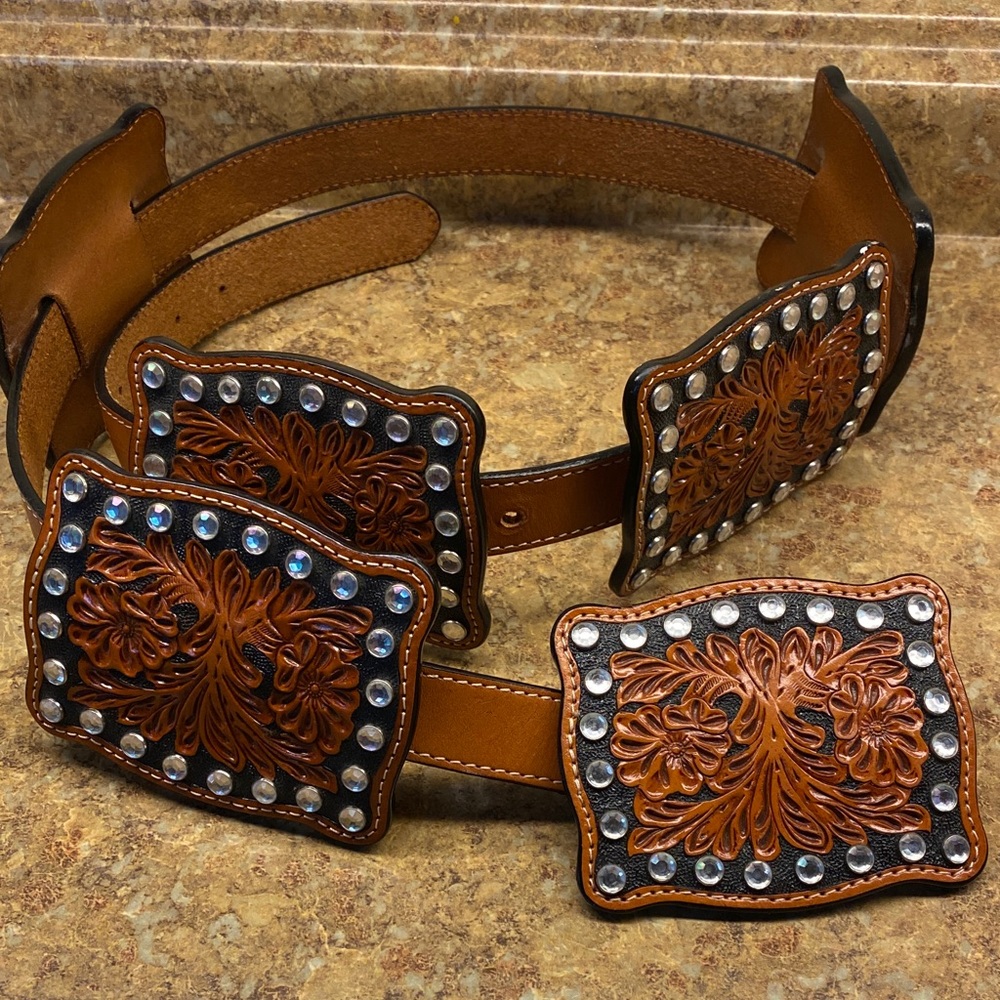 Brown Leather Western Belt with Rhinestone Accents